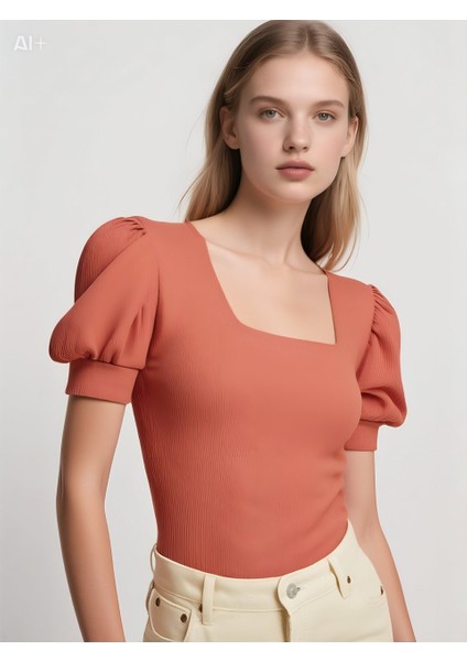 Kadın Gül Kurusu Kare Yaka Örme Bluz HZL22W-BD104091 fiyatları