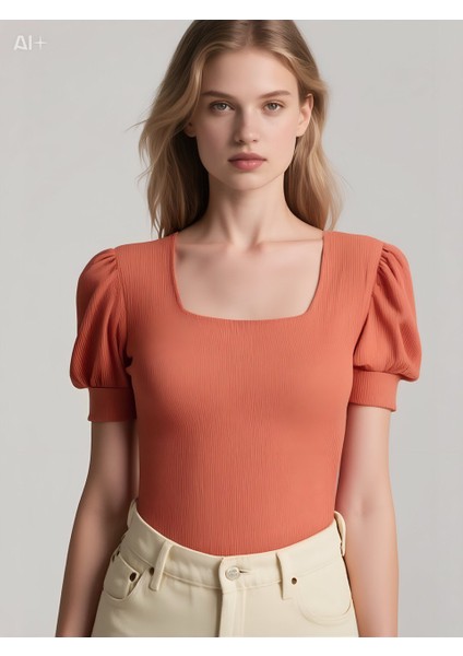 Kadın Gül Kurusu Kare Yaka Örme Bluz HZL22W-BD104091