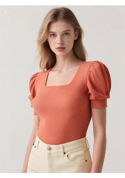 Kadın Gül Kurusu Kare Yaka Örme Bluz HZL22W-BD104091 modelleri