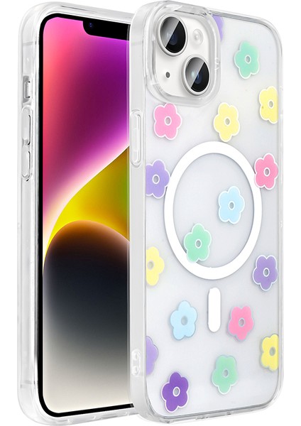 iPhone 15 Plus Uyumlu Kılıf Folk M-Safe Şarj Özellikli Şeffaf Desenli Papatya modelleri