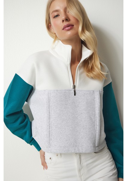 Fermuarlı Yaka Şardonlu Örme Crop Sweatshirt LNJ0018 Gri Zümrüt Yeşili
