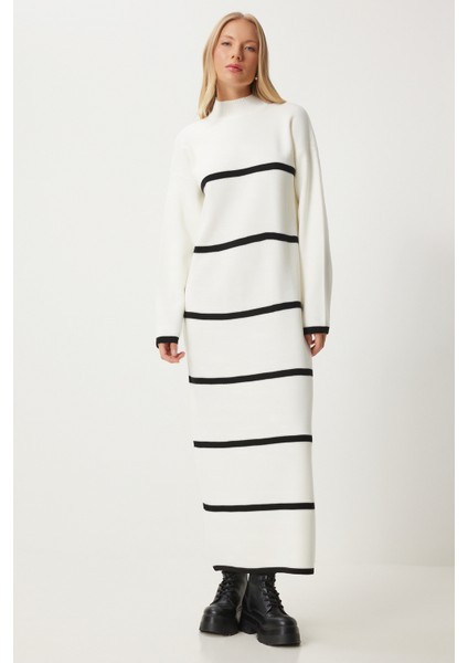Kalın Çizgili Bol Triko Elbise LDD0066 Ekru Siyah
