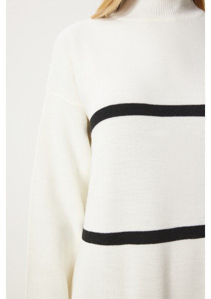 Kalın Çizgili Bol Triko Elbise LDD0066 Ekru Siyah modelleri