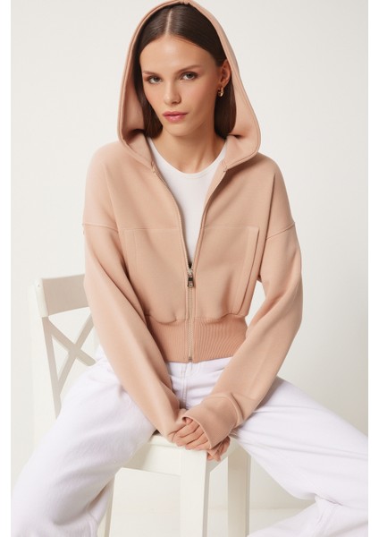 Kapüşonlu Şardonlu Fermuarlı Sweatshirt LOW0019 Bisküvi