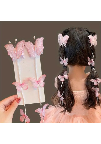 Üzeri Zirkon Taş Süslemeli Inci Sallantılı Nakış Işlemeli Kelebek Model 2 Li Pens Çocuk Toka