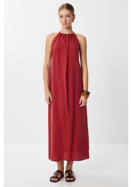 Sırt Dekolteli Modal Elbise LUB0214 Kiremit modelleri