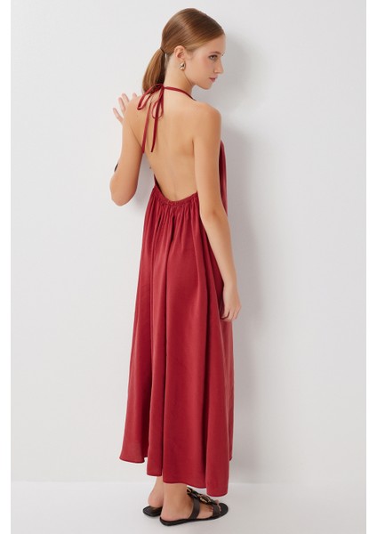 Sırt Dekolteli Modal Elbise LUB0214 Kiremit indirimleri