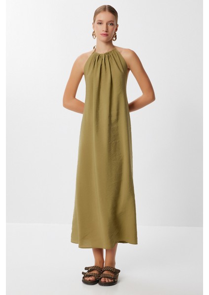 Sırt Dekolteli Modal Elbise LUB0214 Zeytin Yeşili