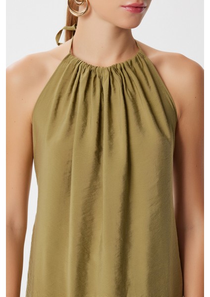 Sırt Dekolteli Modal Elbise LUB0214 Zeytin Yeşili modelleri