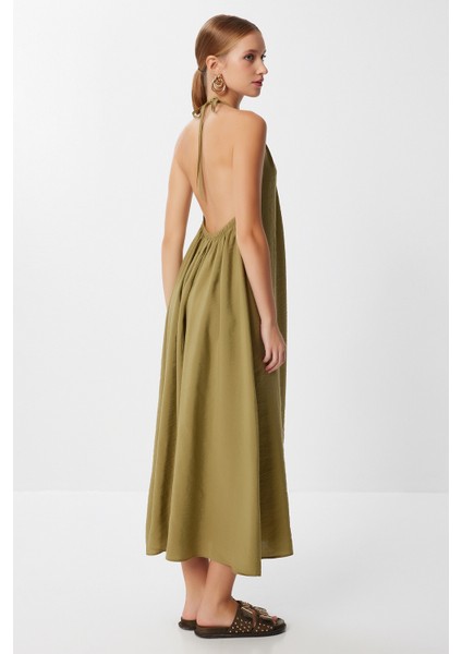Sırt Dekolteli Modal Elbise LUB0214 Zeytin Yeşili fırsatları