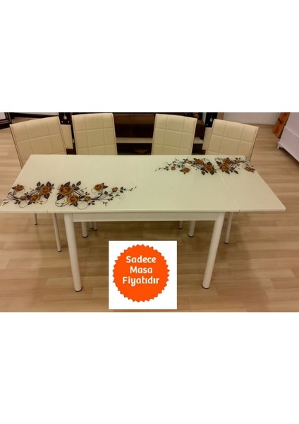 Yandan Açılır Büyüyen Cam Mutfak Masası Capicino Güllü - Beyaz Ayaklı 70X110 cm fiyatları