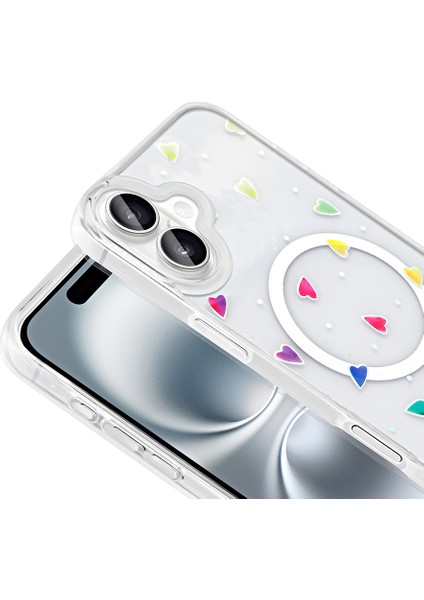 iPhone 16 Plus Uyumlu Kılıf Folk M-Safe Şarj Özellikli Şeffaf Desenli Kalp fiyatları