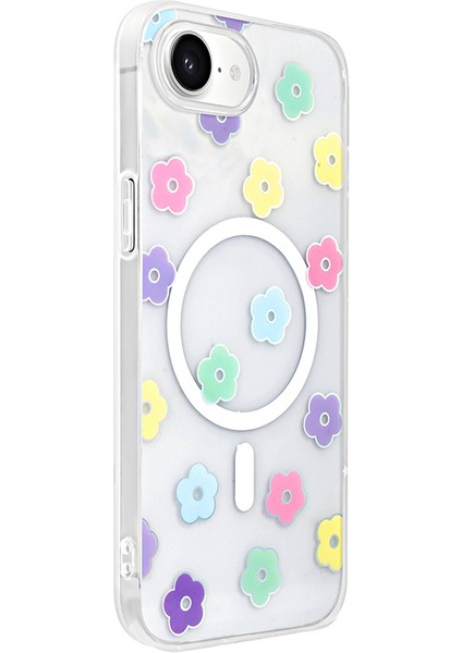 iPhone 16E Uyumlu Kılıf Folk M-Safe Şarj Özellikli Şeffaf Desenli Papatya
