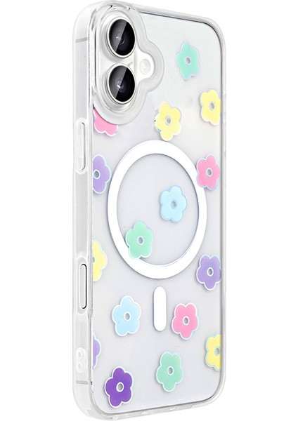 iPhone 16 Plus Uyumlu Kılıf Folk M-Safe Şarj Özellikli Şeffaf Desenli Papatya