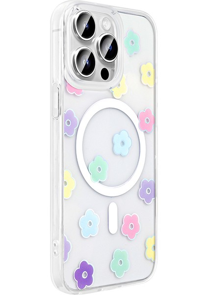 iPhone 14 Pro Max Uyumlu Kılıf Folk M-Safe Şarj Özellikli Şeffaf Desenli Papatya