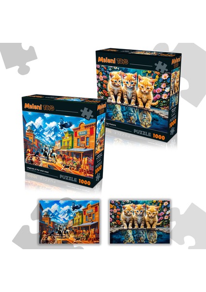 2 Adet 1000 Parça Puzzle - Aslan Kral Kedi ve Vahşi Batı Kasabası Yapboz 68X48 cm