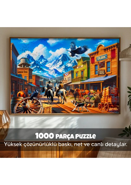 2 Adet 1000 Parça Puzzle - Aslan Kral Kedi ve Vahşi Batı Kasabası Yapboz 68X48 cm modelleri