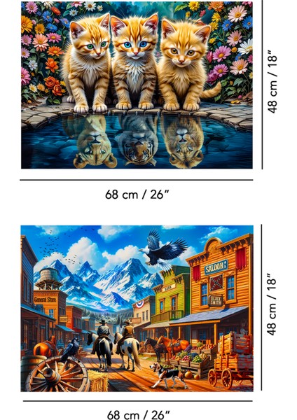 2 Adet 1000 Parça Puzzle - Aslan Kral Kedi ve Vahşi Batı Kasabası Yapboz 68X48 cm indirimleri