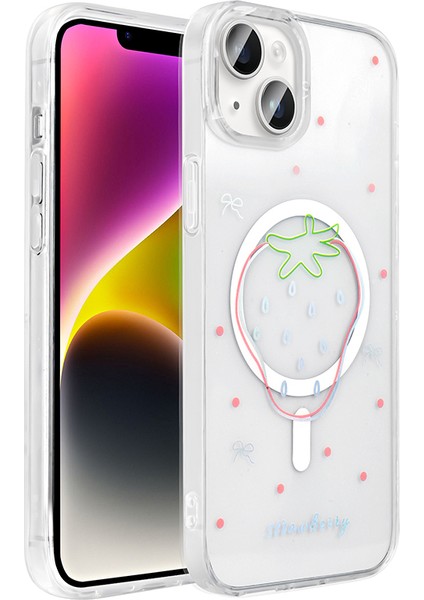 iPhone 14 Uyumlu Kılıf Folk M-Safe Şarj Özellikli Şeffaf Desenli Çilek modelleri