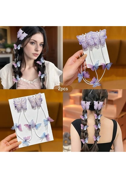 Üzeri Zirkon Taş Süslemeli Inci Sallantılı Nakış Işlemeli Kelebek Model 2 Li Pens Çocuk Toka