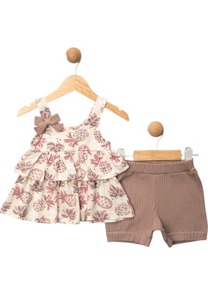 Baskılı Fiyonklu Kız Takım Bej