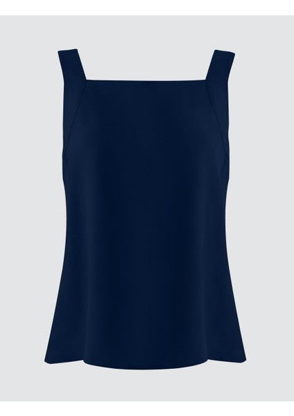 Lacivert Kare Yaka Kolsuz Keten Karışımlı Bluz