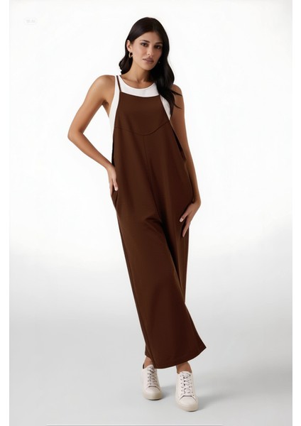 Kadın Çikolata Ayarlanabilir Askılı Cepli Bol Paça Bahçıvan Tulum HZL22S-BD170191