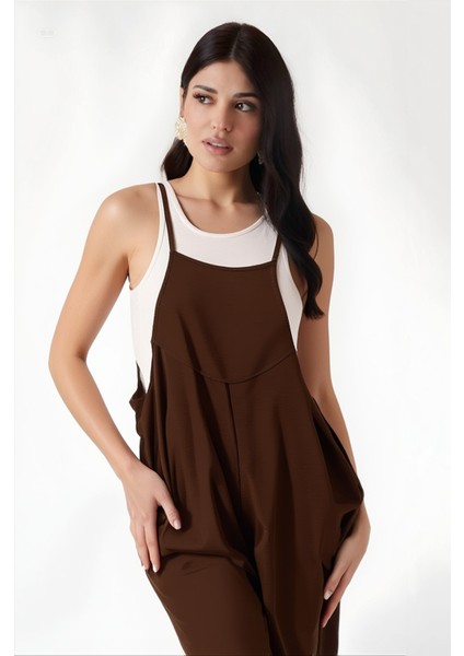 Kadın Çikolata Ayarlanabilir Askılı Cepli Bol Paça Bahçıvan Tulum HZL22S-BD170191 fiyatları