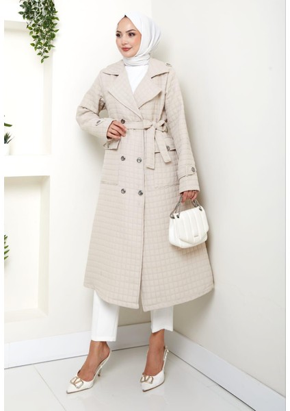 Kadın Örme Kapitone Kuşaklı Düğmeli Vizon Trenç