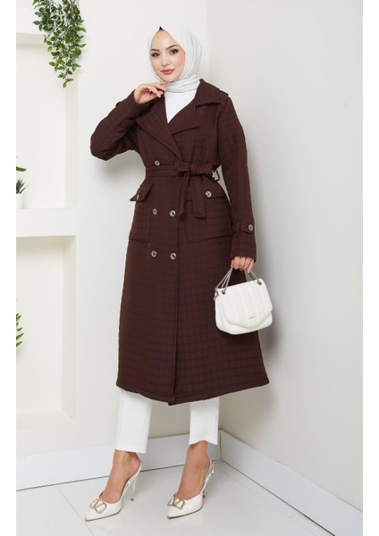 Kadın Örme Kapitone Kuşaklı Düğmeli Kahverengi Trenç