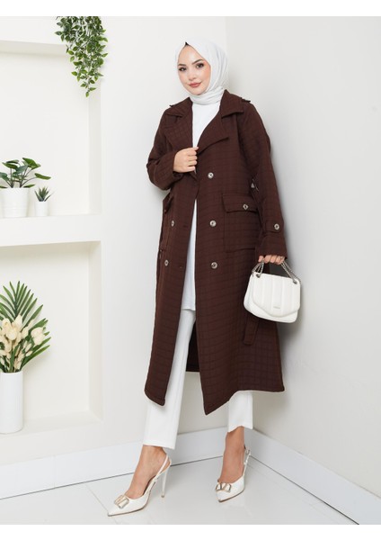 Kadın Örme Kapitone Kuşaklı Düğmeli Kahverengi Trenç fiyatları