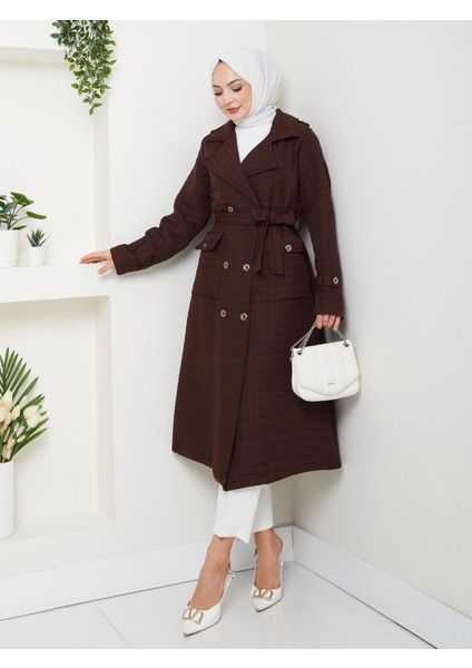 Kadın Örme Kapitone Kuşaklı Düğmeli Kahverengi Trenç modelleri