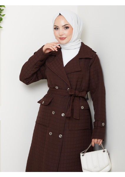 Kadın Örme Kapitone Kuşaklı Düğmeli Kahverengi Trenç fırsatları