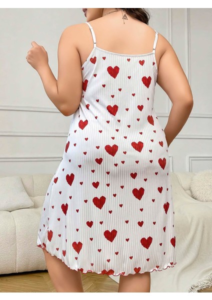 Büyük Beden Kalp Desen Pamuklu Ince Askılı Uzun Gecelik modelleri