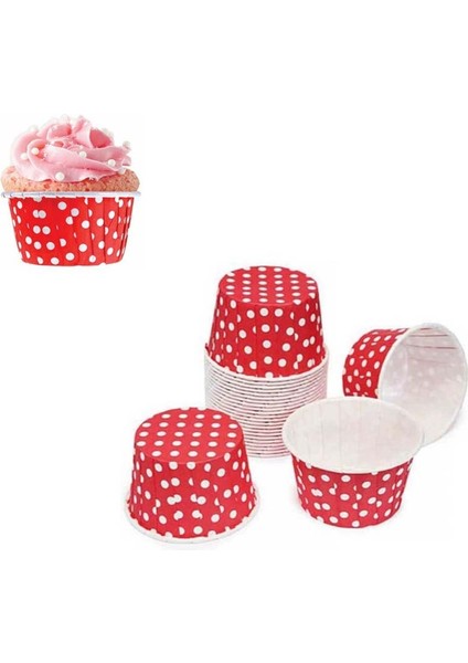 50 Adet Puantiyeli Kırmızı Büyük Boy Pet Kapsül Cupcake Muffin Kek Vb. Kalıbı (Ebat: 6,7 cm x 4 cm x 5 Cm)