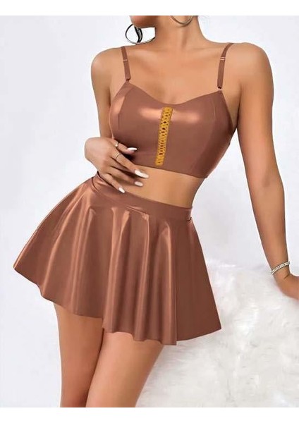 Kahverengi Etekli Fantezi Deri Şık Elbise