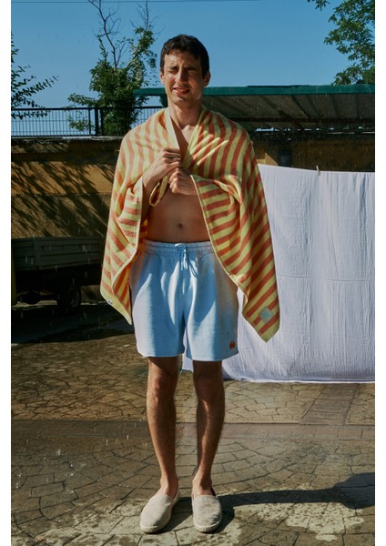 Midye Kabuğu Çizgili Jakarlı Havlu - Sarı/turuncu