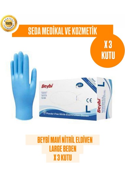 3 Kutu Pudrasız Mavi Nitril Muayene Eldiveni- Large Beden