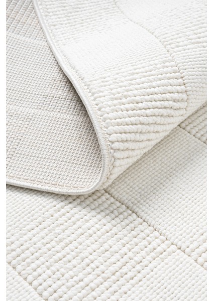 Posıtano Krem Renk Kareli Model Yumuşak Bukleli ve Püsküllü Dekoratif Makine Dokuma Halı Oturma Odası Salon Mutfak Antre