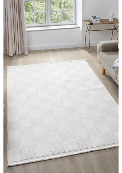 Posıtano Krem Renk Kareli Model Yumuşak Bukleli ve Püsküllü Dekoratif Makine Dokuma Halı Oturma Odası Salon Mutfak Antre fiyatları