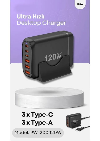 120W Gan³ Çoklu USB Hızlı Şarj Adaptörü | 6 Port Pd & Qc 3.0 Destekli Masaüstü Şarj Cihazı fırsatları