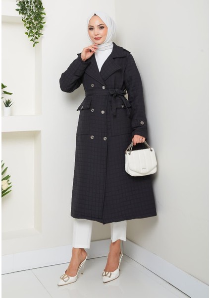 Kadın Örme Kapitone Kuşaklı Düğmeli Siyah Trenç