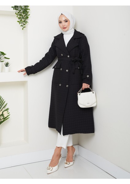 Kadın Örme Kapitone Kuşaklı Düğmeli Siyah Trenç fiyatları