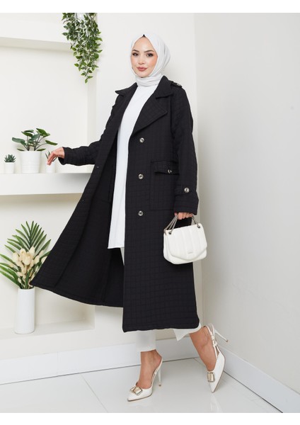 Kadın Örme Kapitone Kuşaklı Düğmeli Siyah Trenç modelleri