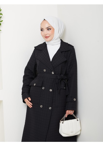 Kadın Örme Kapitone Kuşaklı Düğmeli Siyah Trenç fırsatları