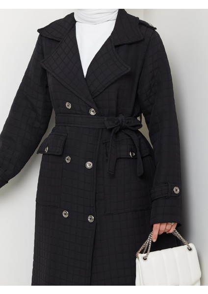 Kadın Örme Kapitone Kuşaklı Düğmeli Siyah Trenç indirimleri