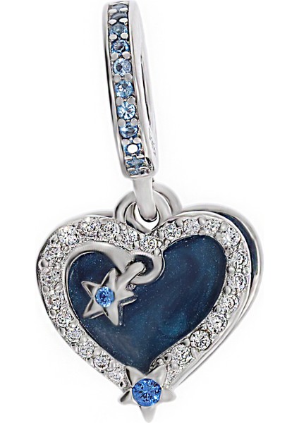 Kadın ''her Gün Sana Aşık Oluyorum'' Yazılı Kalp Model Lacivert Detay Taşlı Ikili Gümüş Charm