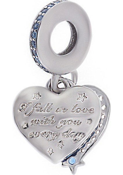 Kadın ''her Gün Sana Aşık Oluyorum'' Yazılı Kalp Model Lacivert Detay Taşlı Ikili Gümüş Charm fiyatları