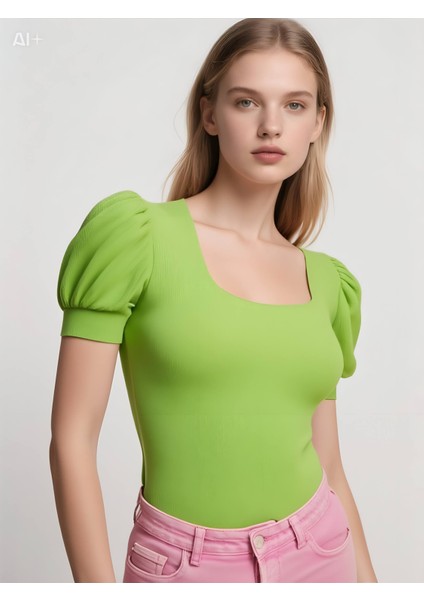 Kadın Fıstık Yeşili Kare Yaka Örme Bluz HZL22W-BD104091 modelleri