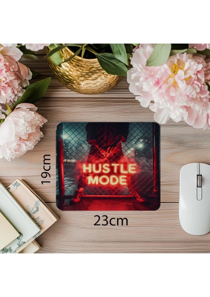 Kırmızı Neon Hustle Mode Yazılı Mousepad - 19X23 cm 2 mm Dikdörtgen Ithal Baskılı Mouse Pad